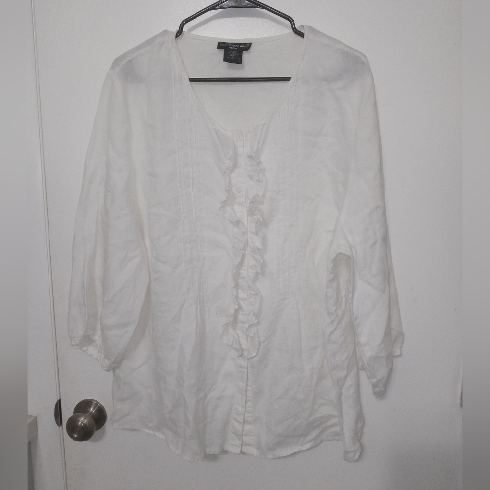 ST. TROPEZ WEST BUTTON DOWN 100% LINEN WHITE PLEATED RUFFLED FRONT BLOUSE 1X